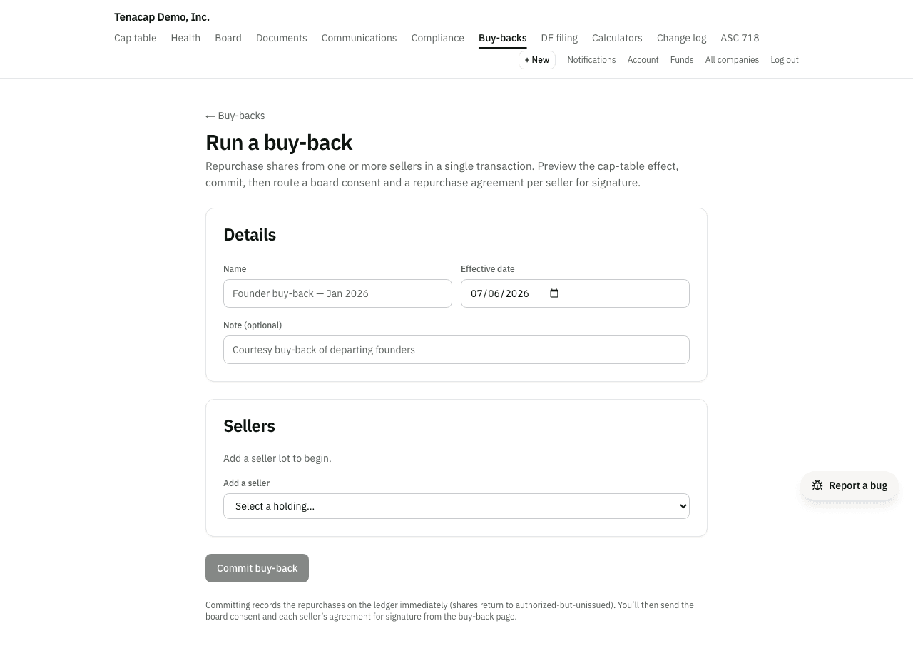 The Run-a-buy-back wizard: add each seller's lot with a quantity and price, and the live cap-table effect updates below