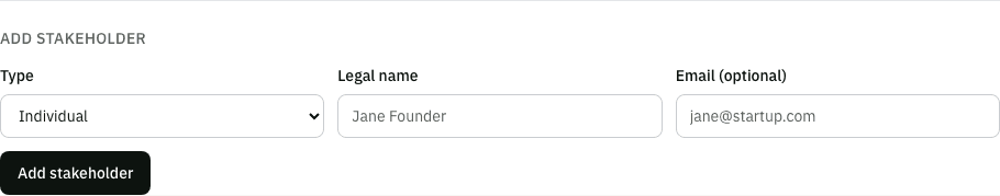 The add-stakeholder form with type, legal name, and email fields