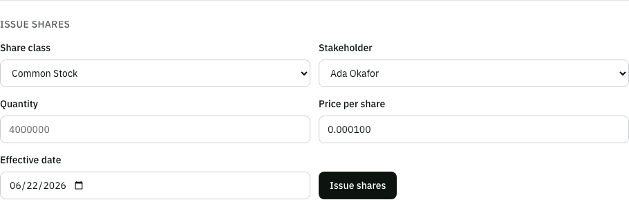 The issue-shares form showing stakeholder, share class, quantity, price, and date