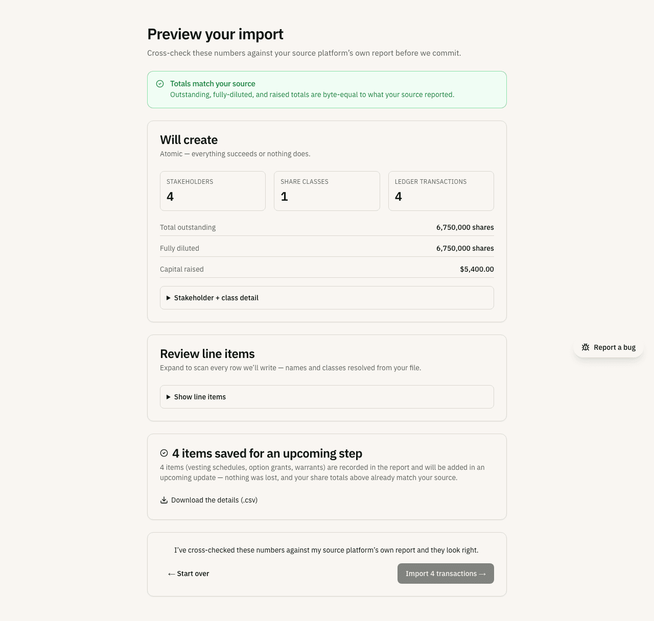 The import preview showing a totals-match banner, a will-create breakdown, and an exceptions card