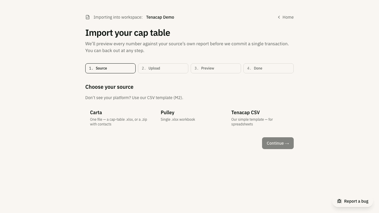 The import upload step with a drag-and-drop area, an optional contacts file, and company-detail fields