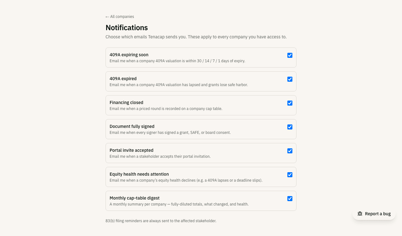 The notification settings page with per-event email toggles