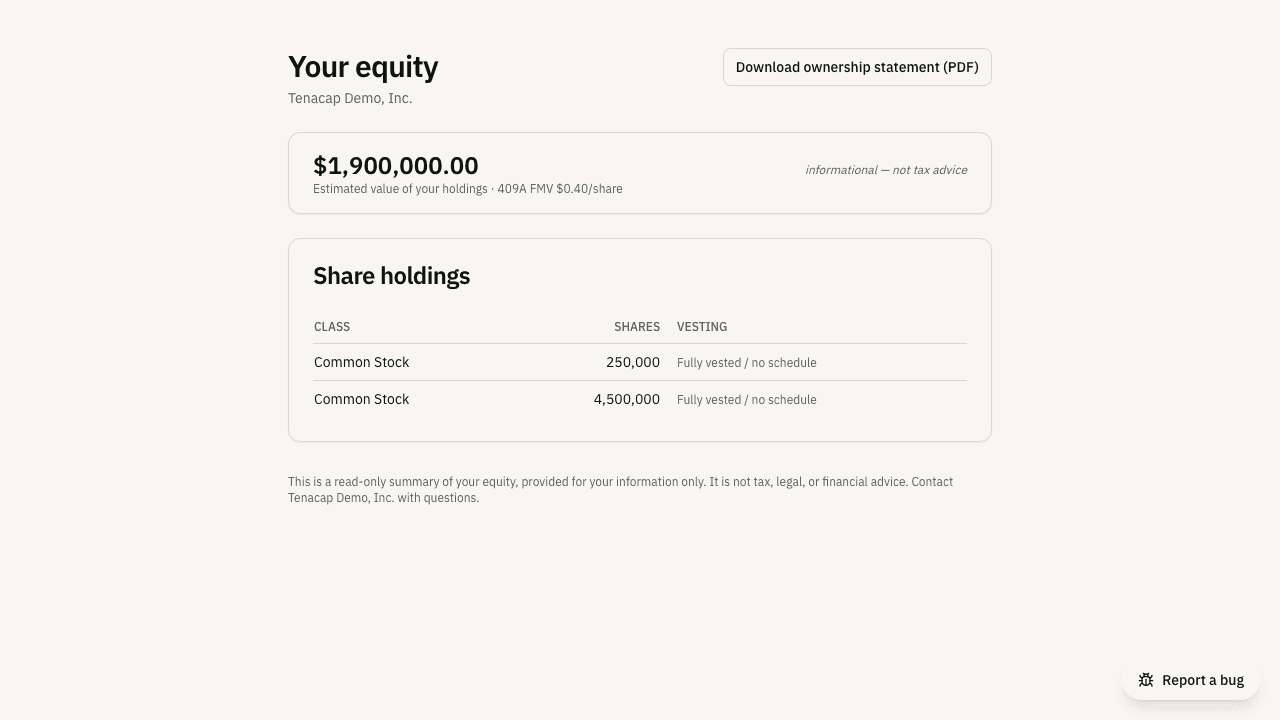 The read-only My equity dashboard showing share holdings, a vesting bar, option grants, and SAFEs