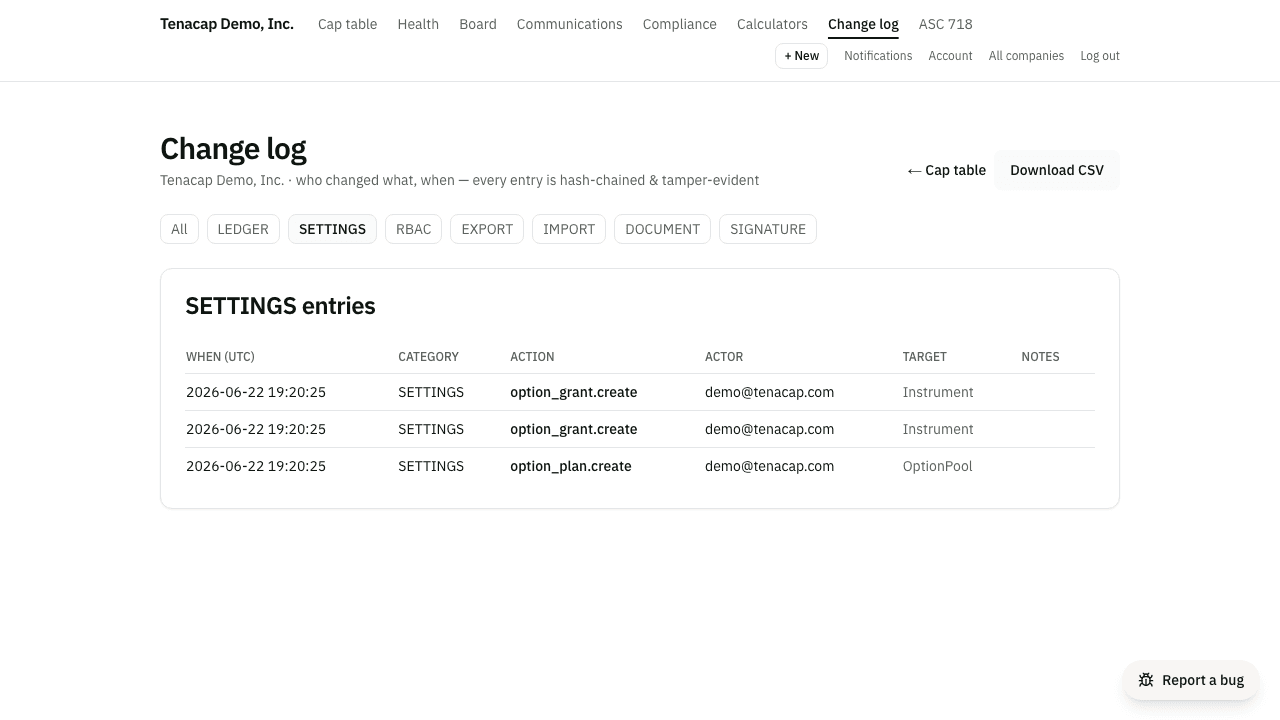 The category filter row with All, LEDGER, SETTINGS, RBAC, EXPORT, IMPORT, DOCUMENT and SIGNATURE options