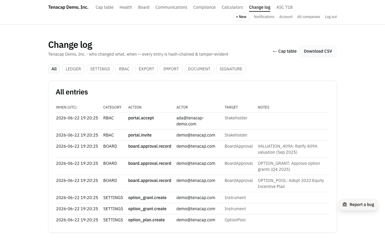 The change log page showing a table of entries with when, category, action, actor, target and notes columns