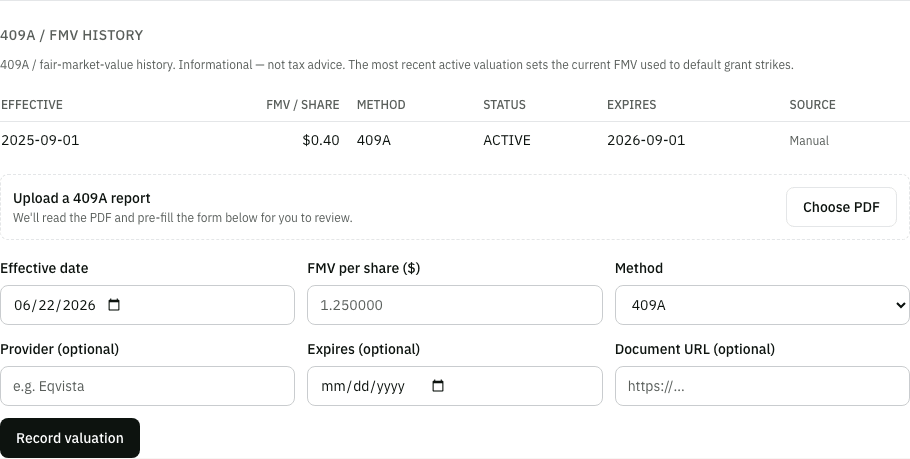 Uploading a 409A report PDF on the Update page, with the form pre-filled for review