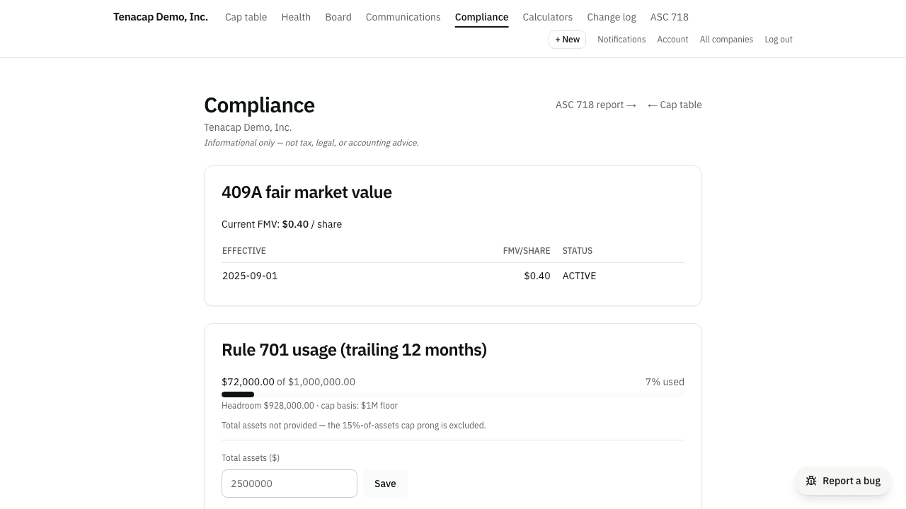 The 409A valuation history showing effective dates, FMV per share, method, and the current active valuation