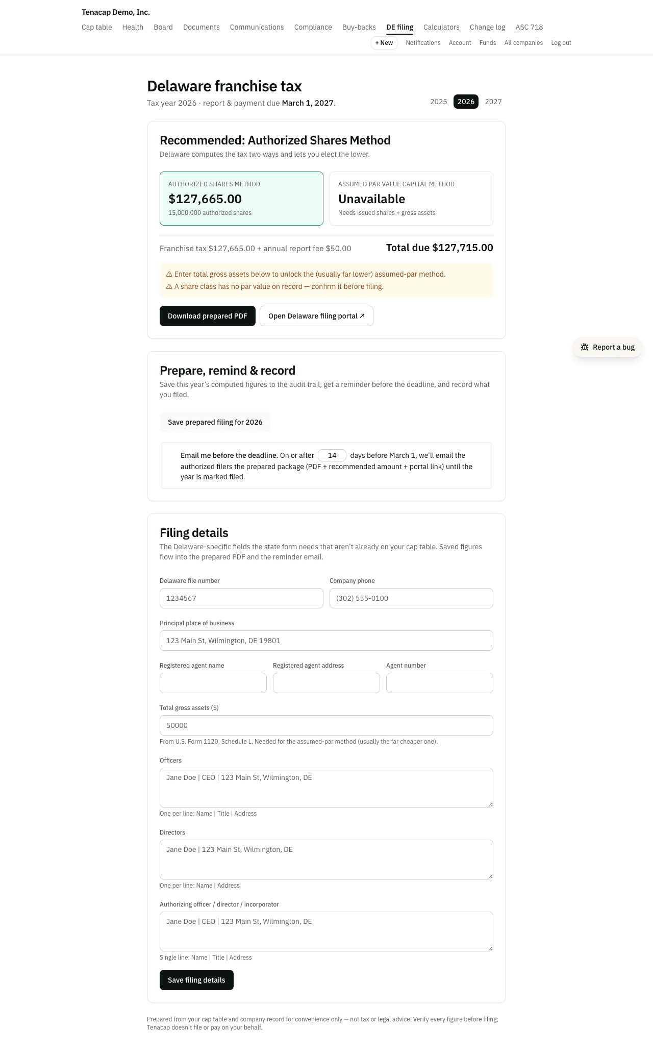 The Delaware franchise-tax worksheet showing both methods side by side, the cheaper Assumed Par Value method recommended, and the total due