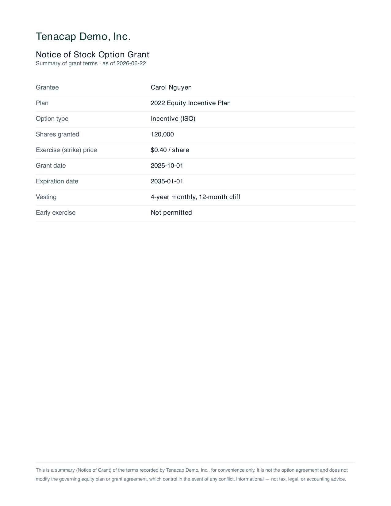 A generated Notice of Stock Option Grant previewed as a PDF with a DRAFT watermark