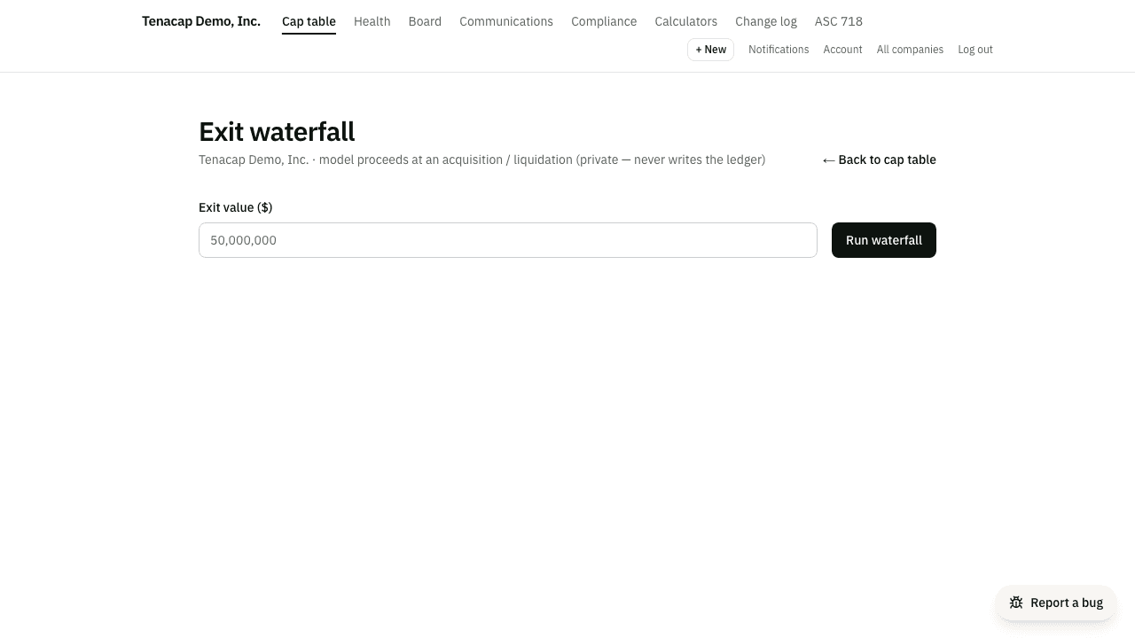 The exit-waterfall screen opening from the cap-table header, with an exit-value field