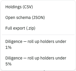 The export controls on the cap-table view, offering CSV, JSON, and full archive downloads