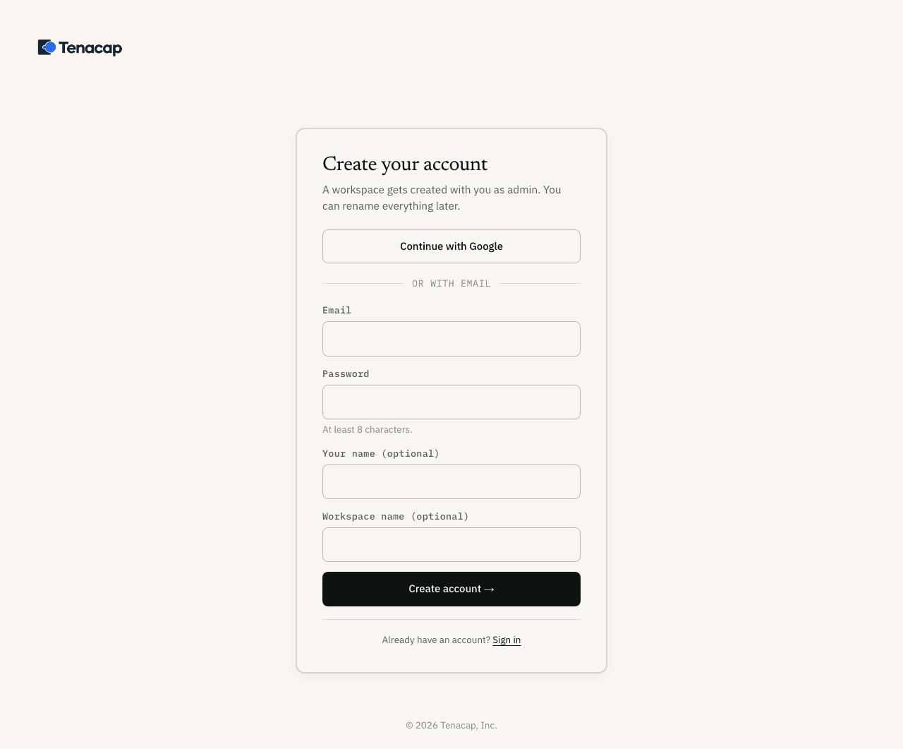 The Tenacap sign-up screen with email and Google options