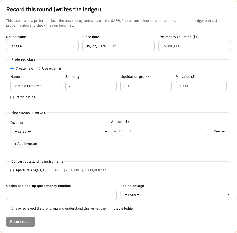 The Record this round panel below the pro-forma results, with sections for the round, preferred class, investors, and conversions
