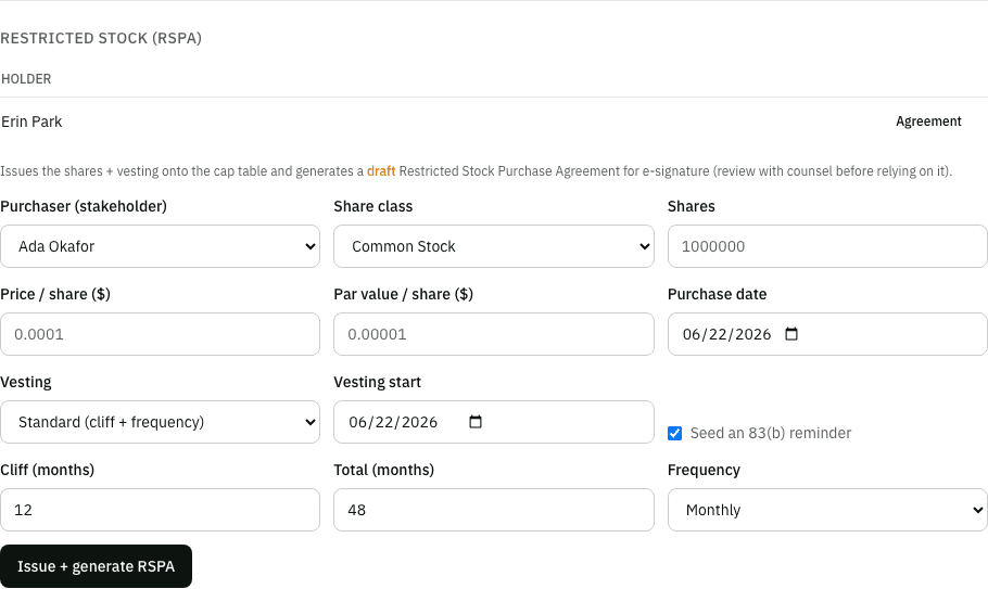 The restricted-stock issuance form with purchaser, share class, quantity, price, and vesting fields