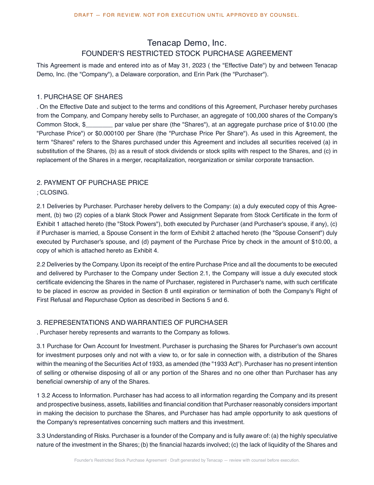 A preview of a generated Restricted Stock Purchase Agreement ready to send for signature