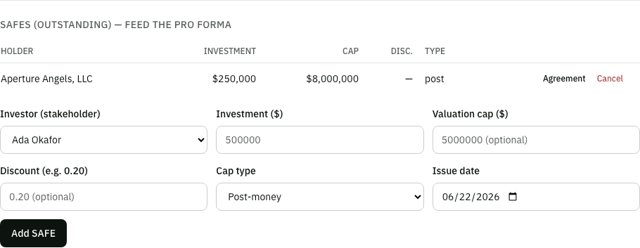 The record-a-SAFE form showing investor, amount, post-money valuation cap, and discount fields